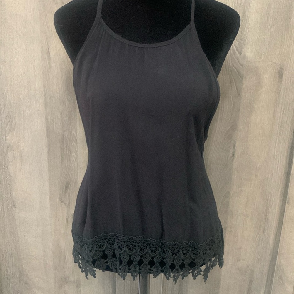 Misope Lace Embroidered Hemline Black Backless Halter Top Women's Size Small